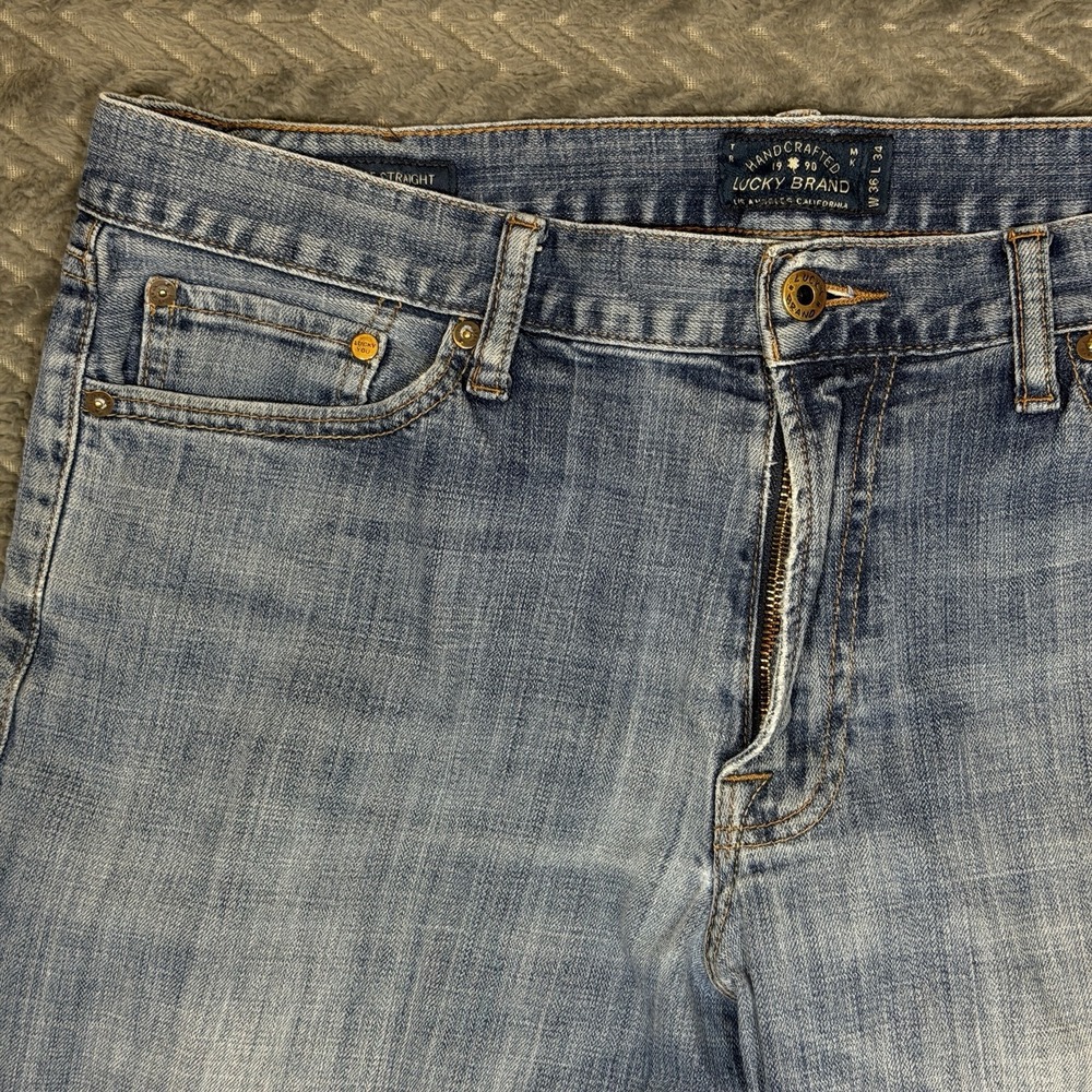 Lucky Brand 361 Straight Jeans Men 36x34/Fit 36x32 Medium Wash Faded Distressed - Picture 2 of 16